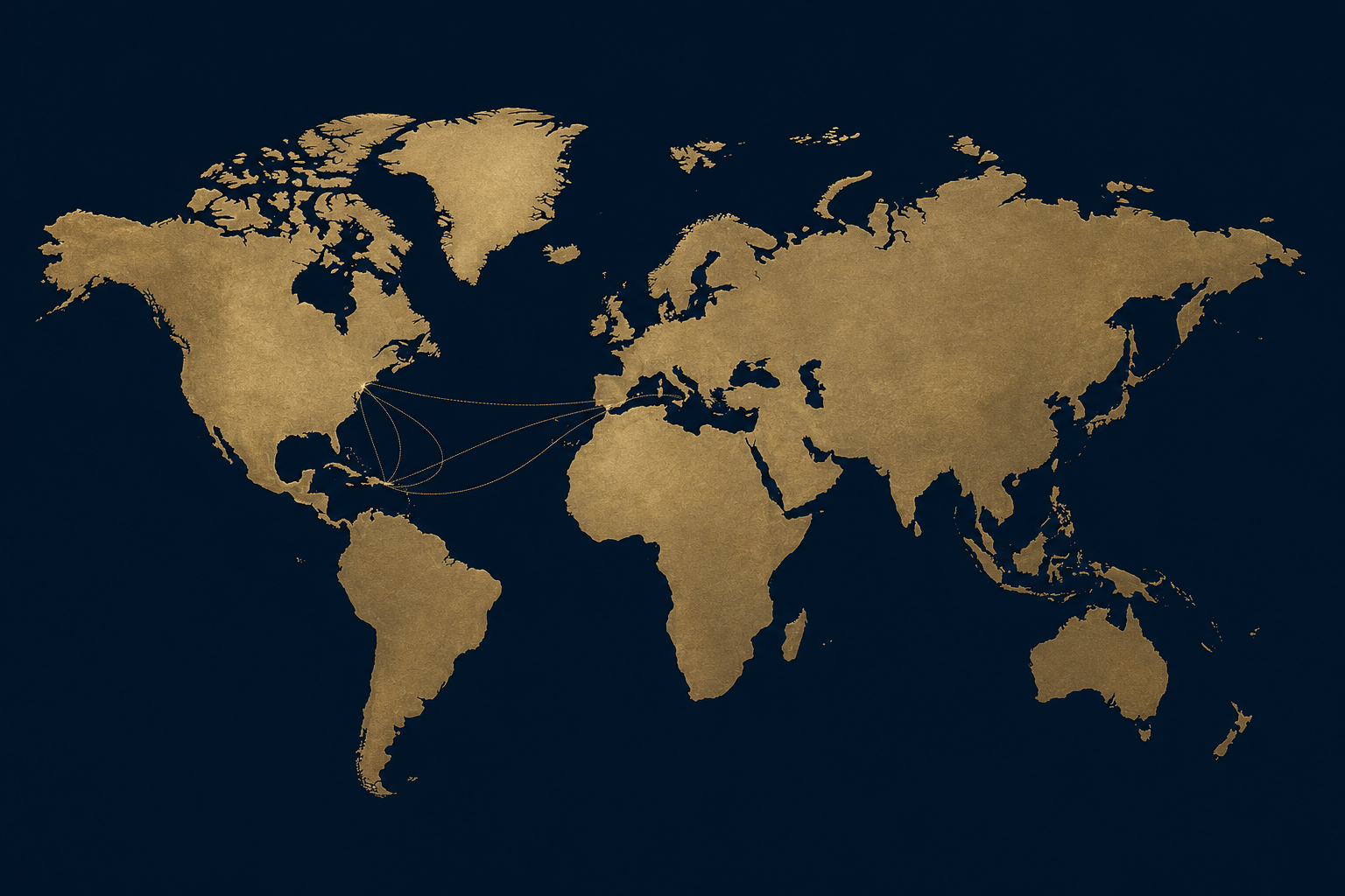 Gold world map with illustrative routes connecting North America, the Caribbean and the Mediterranean